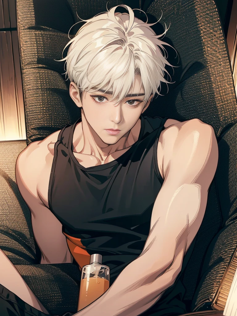 Best quality, High quality, A high resolution, 4K, Masterpiece, detailed face, handsome 29 year old korean man, tank top, he is now at home