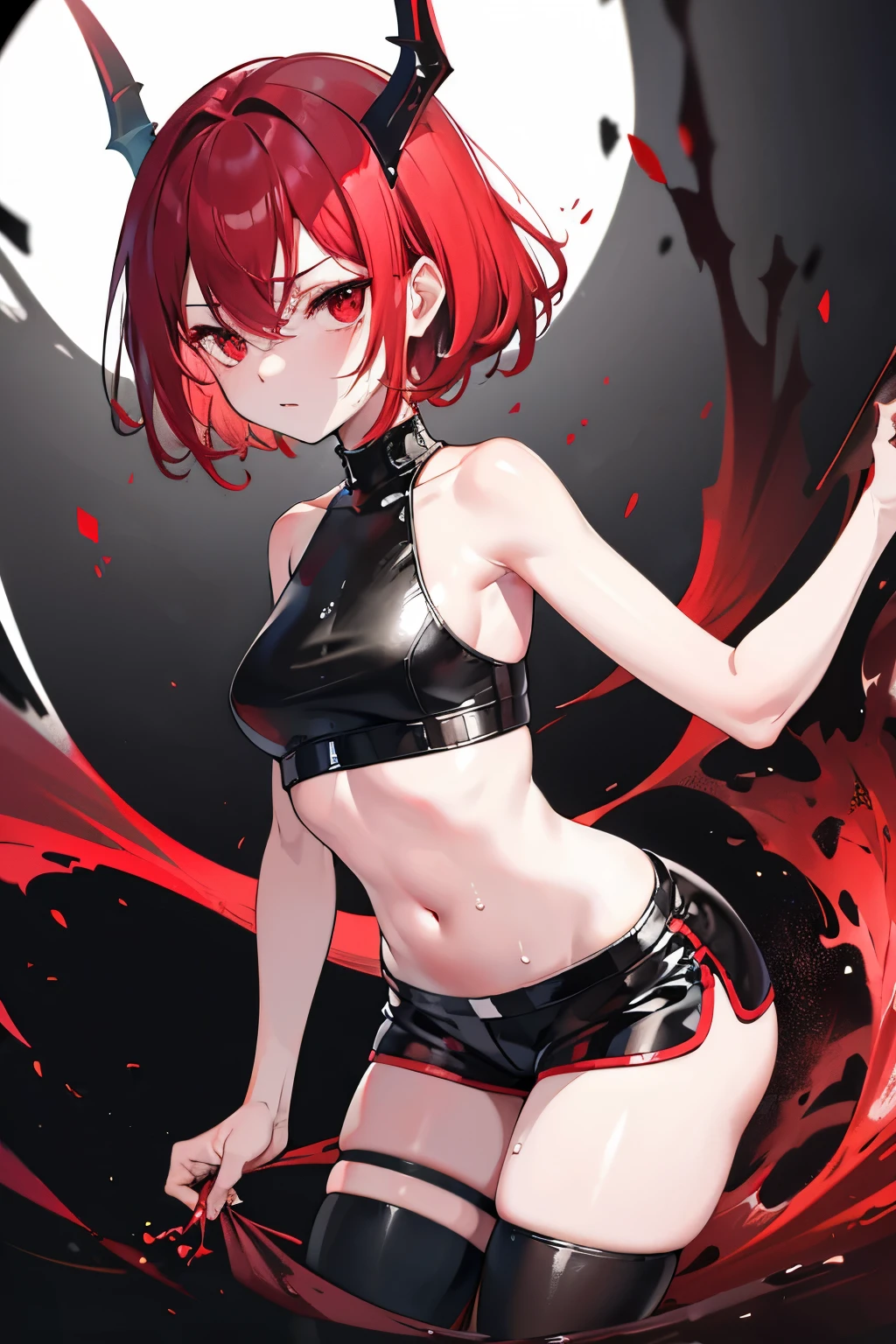 underdressing，indifferent，Red Eyes，Sweat，Soaked，liquid，transparent，Expression of disgust，Back，Cropped tops，Leather Shorts，succubus