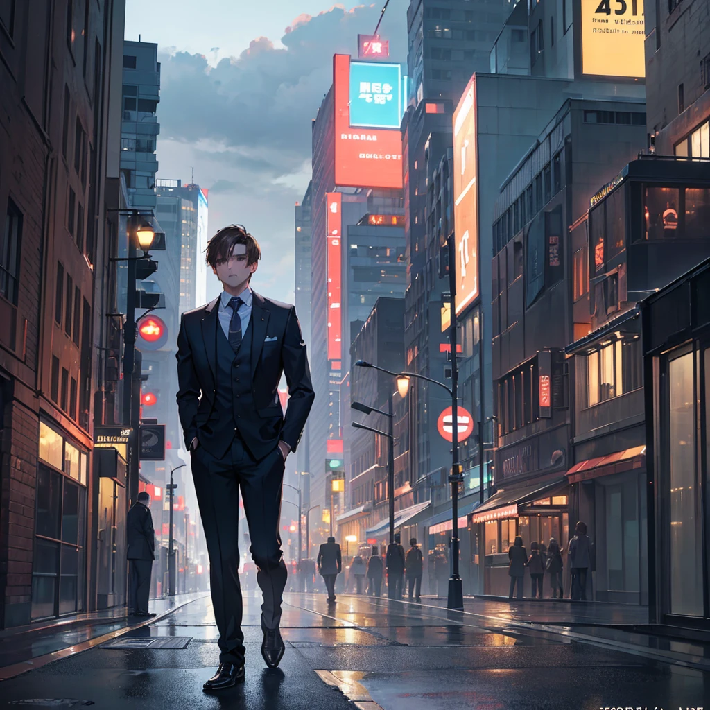 a man with short brown hair wearing a suit, standing with his back turned and facing sideways, in a city at night, (best quality,4k,8k,highres,masterpiece:1.2),ultra-detailed,(realistic,photorealistic,photo-realistic:1.37),hyperrealistic, dramatic lighting, moody atmosphere, cinematic,intricate details,striking cityscape,glowing lights,neon signs,cloudy sky,urban environment,man standing in city street,man in suit,man with short brown hair,man facing sideways,man with back turned,night scene,city at night,dramatic shadows,realistic rendering,professional photography