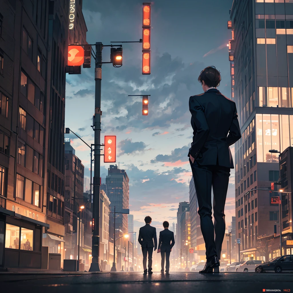 a man with short brown hair wearing a suit, standing with his back turned and facing sideways, in a city at night, (best quality,4k,8k,highres,masterpiece:1.2),ultra-detailed,(realistic,photorealistic,photo-realistic:1.37),hyperrealistic, dramatic lighting, moody atmosphere, cinematic,intricate details,striking cityscape,glowing lights,neon signs,cloudy sky,urban environment,man standing in city street,man in suit,man with short brown hair,man facing sideways,man with back turned,night scene,city at night,dramatic shadows,realistic rendering,professional photography