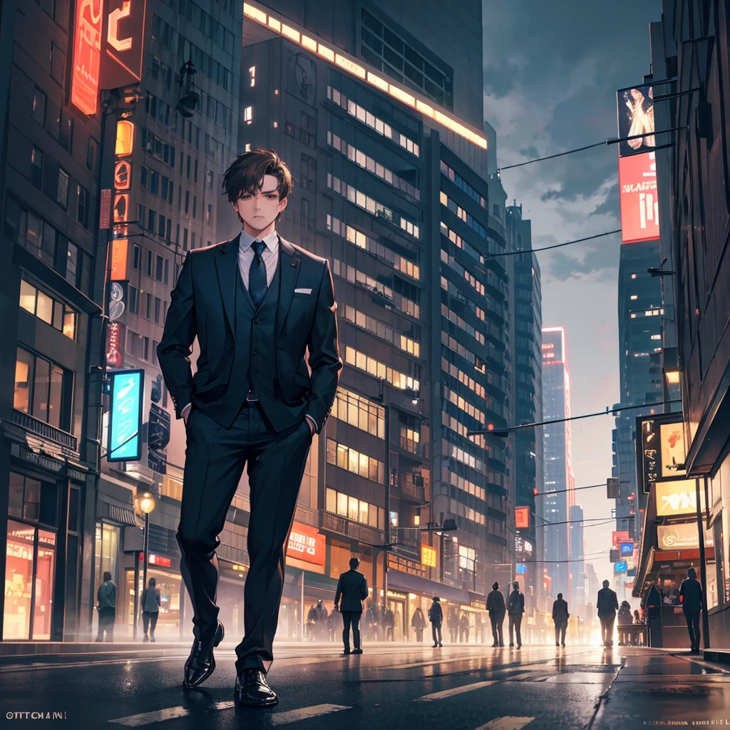 a man with short brown hair wearing a suit, standing with his back turned and facing sideways, in a city at night, (best quality,4k,8k,highres,masterpiece:1.2),ultra-detailed,(realistic,photorealistic,photo-realistic:1.37),hyperrealistic, dramatic lighting, moody atmosphere, cinematic,intricate details,striking cityscape,glowing lights,neon signs,cloudy sky,urban environment,man standing in city street,man in suit,man with short brown hair,man facing sideways,man with back turned,night scene,city at night,dramatic shadows,realistic rendering,professional photography