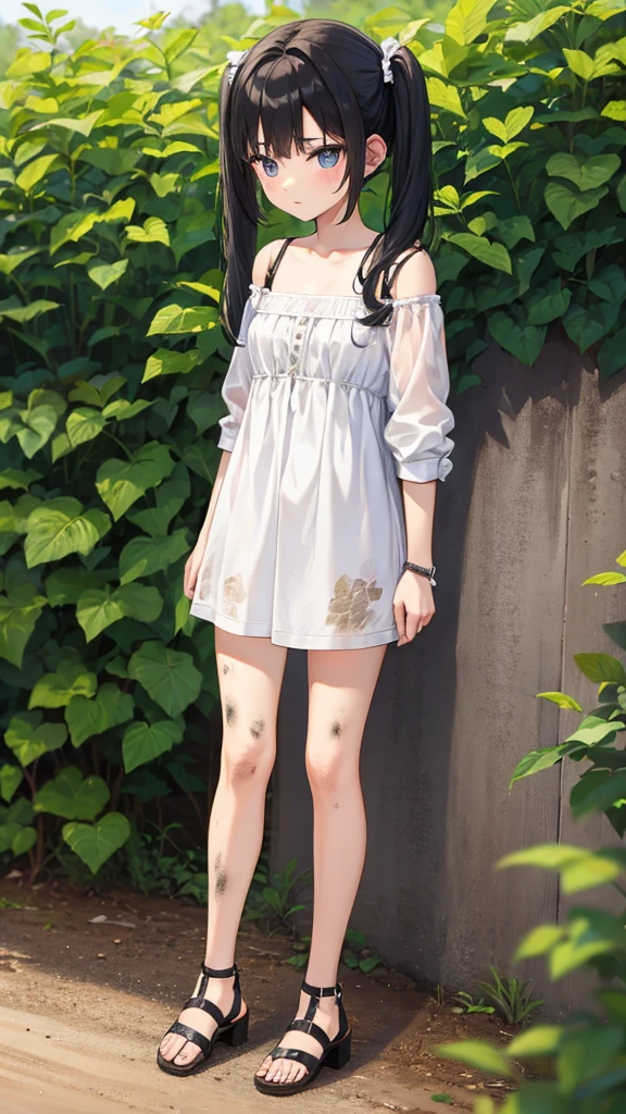 young emo teen, sandal heels, countryside, dirt road, black hair in pigtails, dirty
