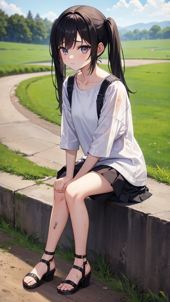 , young teen, barefoot, countryside, dirt road, black hair in pigtails, country girl