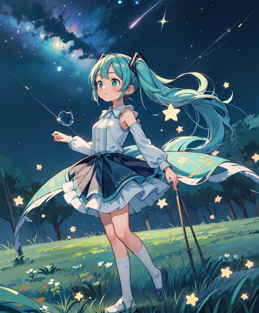 (masterpiece、highest quality、highest quality、official art、Beautiful:1.2)、(1 girl:1.3)Hatsune Miku、twin tails,big breasts,Anime girl wearing white glass , Stand on the Ground,night view ,There are many stars in the night sky,milky way ,anime style, 32k uh, beautiful, Color Manga - AR 3:4 --