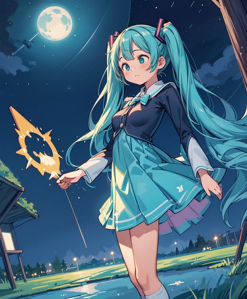 (masterpiece、highest quality、highest quality、official art、Beautiful:1.2)、(1 girl:1.3)Hatsune Miku、twin tails,big breasts,Anime girl wearing white glass , Stand on the Ground,night view ,There are many stars in the night sky,milky way ,anime style, 32k uh, beautiful, Color Manga - AR 3:4 --