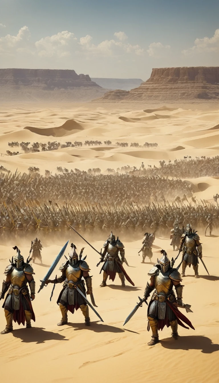 troops of warriors in the desert, with weapons near the golden city