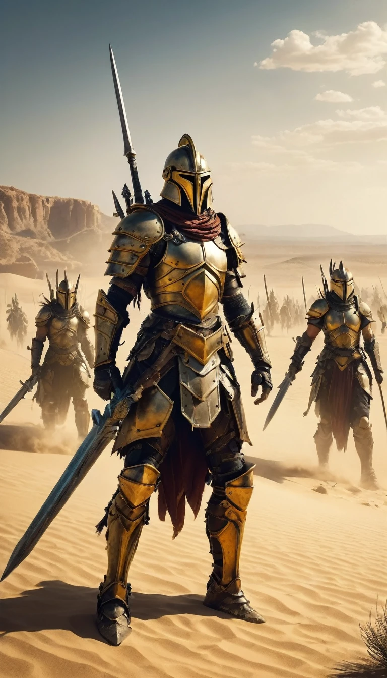 troops of warriors in the desert, with weapons near the golden city