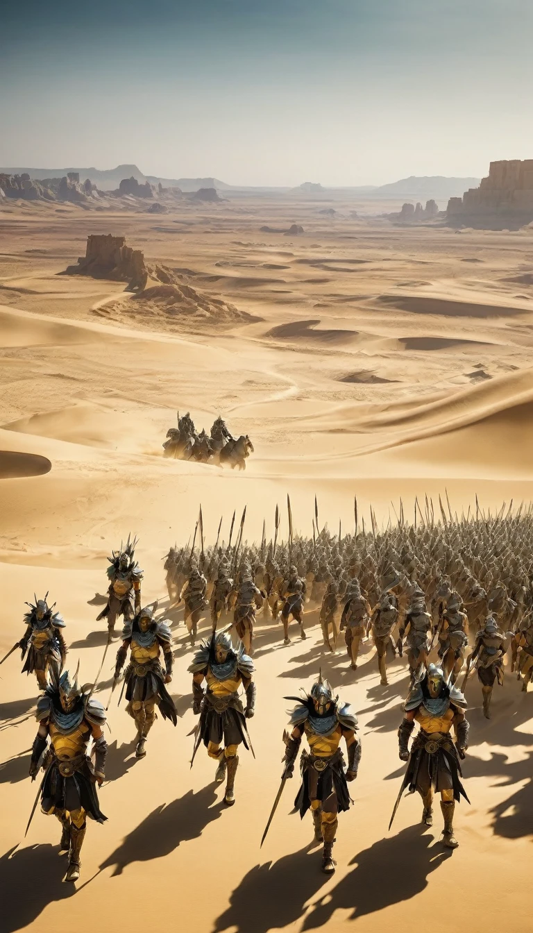 troops of warriors in the desert, with weapons near the golden city