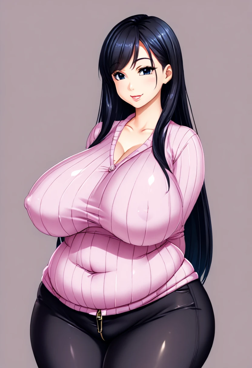 obese and thicc milf , silk waist-long dark hair , big round firm belly, sweater and pants, soft smile, motherly and nurturing, look, cute, tight clothes, tight pants, pants unbuttoned, pants unzipped, belly spilling out