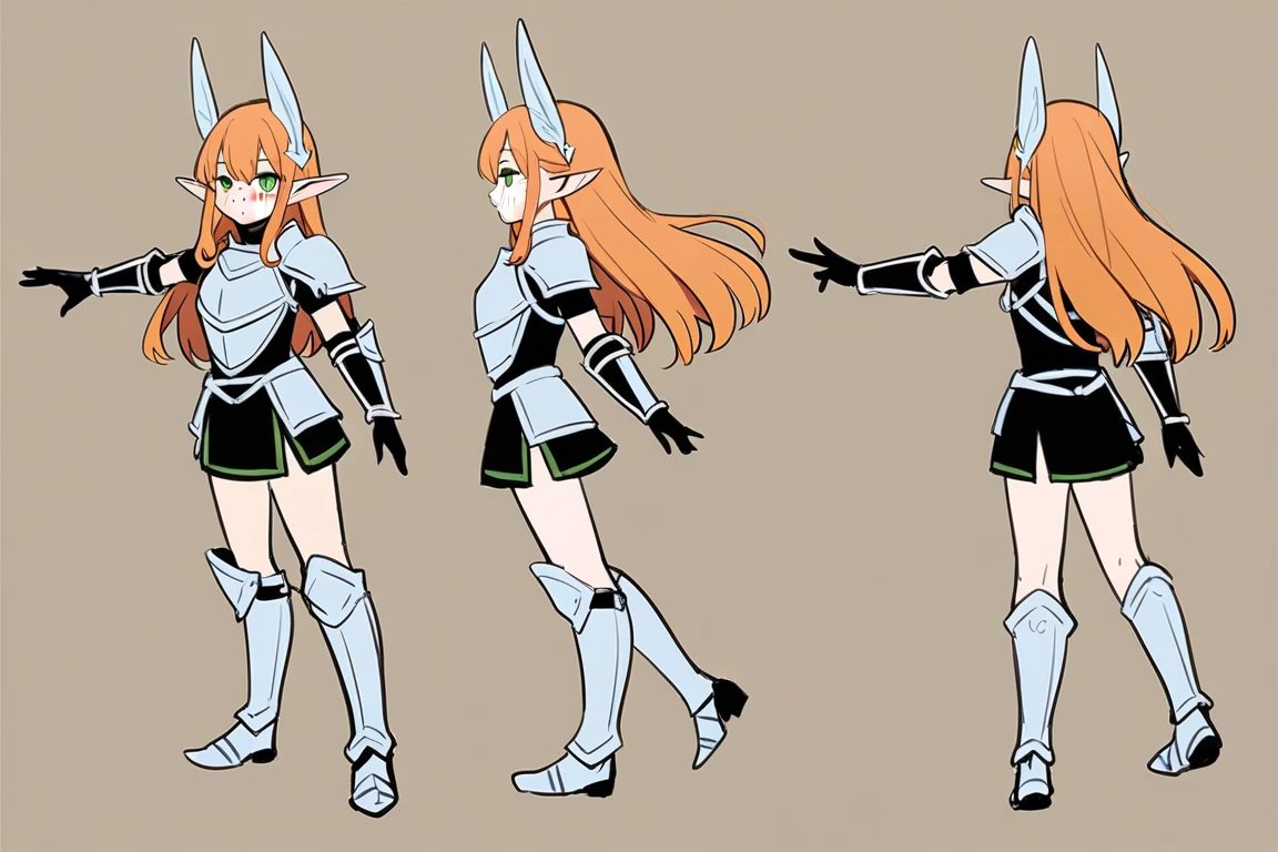 （The same character，front，side，back），Simple background，（whole body）girl，Orange hair，curls，Green eyes，Look ahead，Wearing armor，Freckles，Elf ears，Short skirt，whole body像，Equal proportions，The same clothes