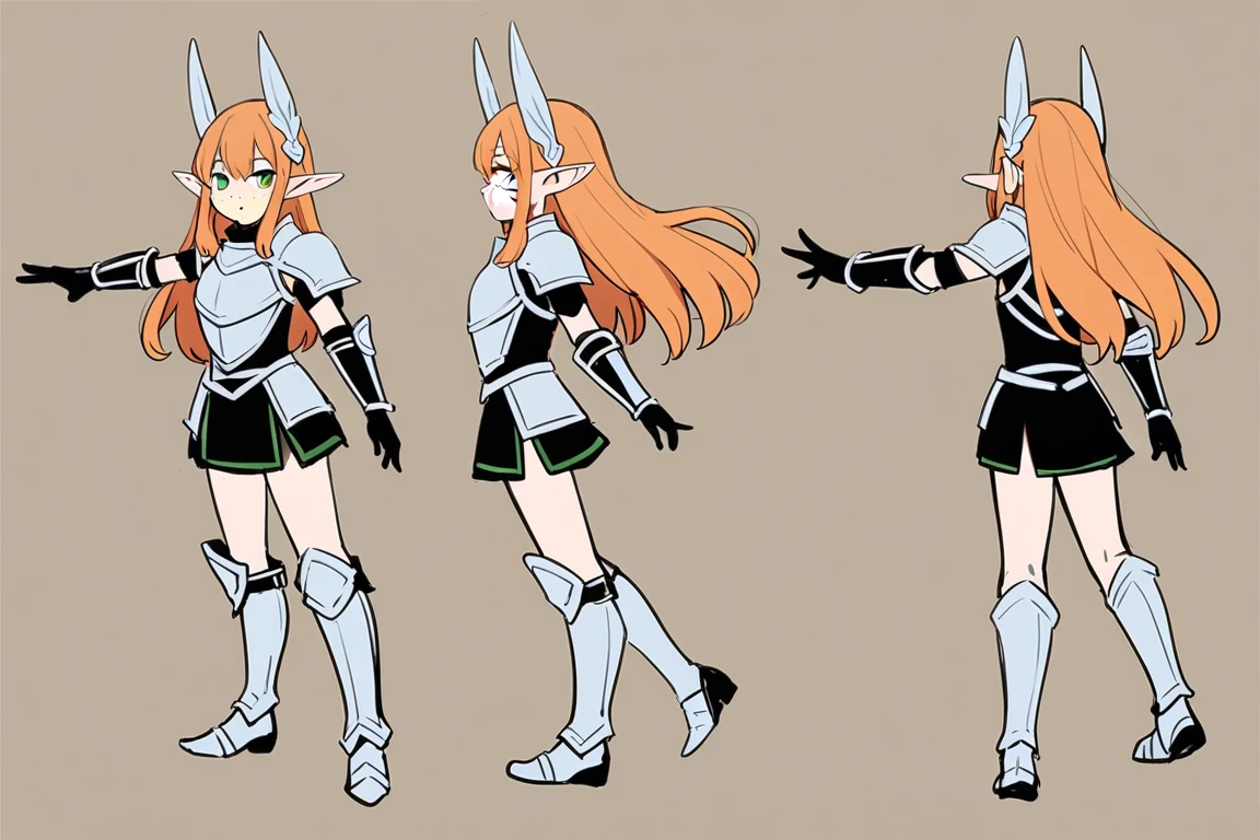 (The same character,front,side,back),Simple background,(whole body)girl,Orange hair,curls,Green eyes,Look ahead,Wearing armor,Freckles,Elf ears,Short skirt,whole body像,Equal proportions,The same clothes