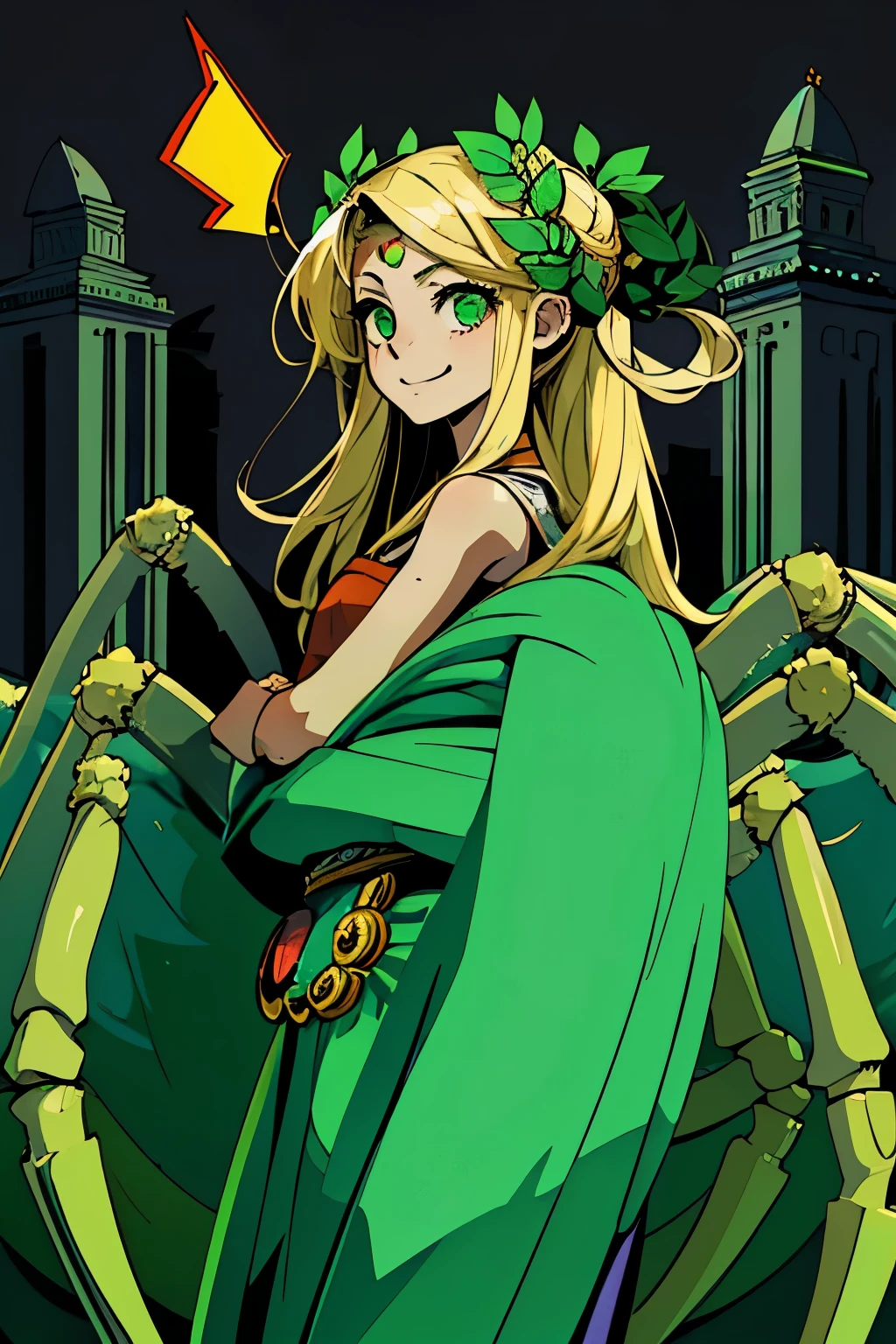 1girl, young, little, 6 years old, chibi, komusume, flat chest, blonde long hair, green clothes, green eyes, innocent expresion, smiling, arachnid style, spider body, background filled fumes, background filled with greek columns, Tartarus scenery, in Tartarus, surrounded by giant greek columns, greek scenery and furniture, detailed background, main character, hades style, Arachne, spider legs coming from her back