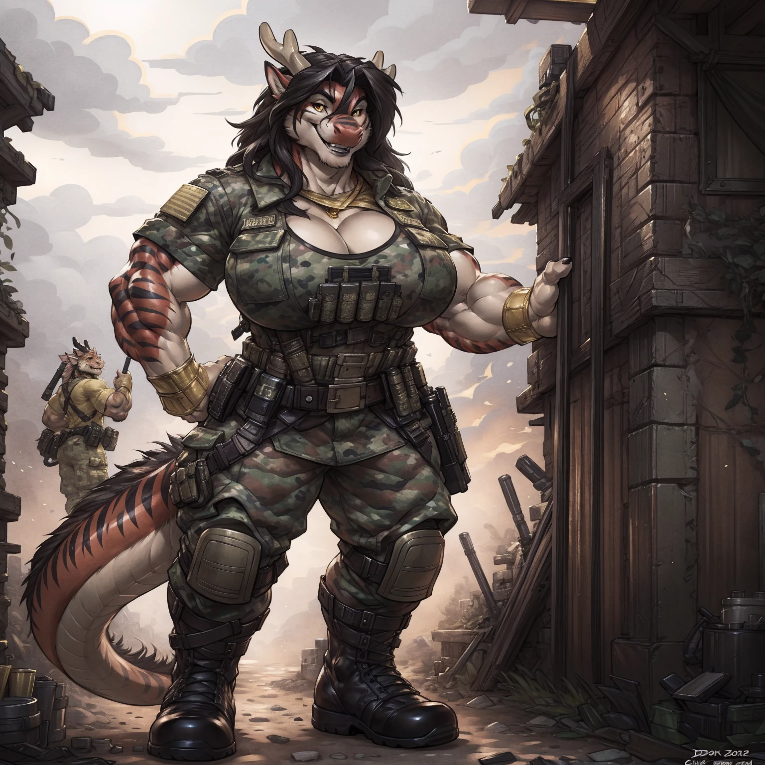 solo, 1girl, red Dragon, eastern dragon, female, broad shoulders, stocky build, buff, muscular, large breasts, gold eyes, highly detailed eyes, Amazon, powerful figure, wearing camouflage_uniform, (monochrome uniform:1.2), military camp, rolled sleeves, shirt, cleavage, standing upright, combat boots, full body, smiling, friendly, looking at viewer, realistic lighting, by darkgem, by wfa, by gideon,