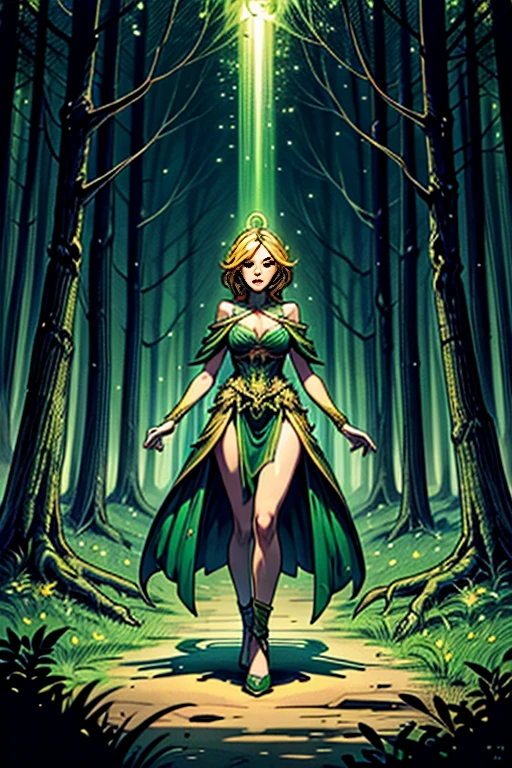 A beautiful woman is walking in the middle of a forest, she's offering her hand, green, orange and gold,like a living organism, shining bright, dressed with symmetrical designs of leaves and arabesques, adorned with yellow lights, green forest scenario, masterpiece, highly detailed, 3d modelling, 4k resolution, Caza art, digital art, photographic