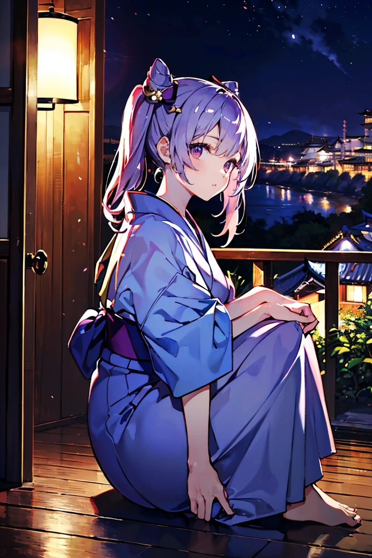 (Official Art、Highest quality、unity 8k wallpaper、32K、masterpiece、Very detailed、Ultra-high resolution、Oil painting style:1.2)、thin、Purple Hair、Twin tails、Medium Bust、(whole body:1.2)、(profile、I looked away) :1.2)、high definition background、Realistic eyes、Sharp eyes、Blurred Background、Yukata beauty、(Very detailed顔と目、Beautiful Face、Very detailed肌、Fine skin:1.3)、Japanese Style House、Balcony、moonlight、Spring scenery、
