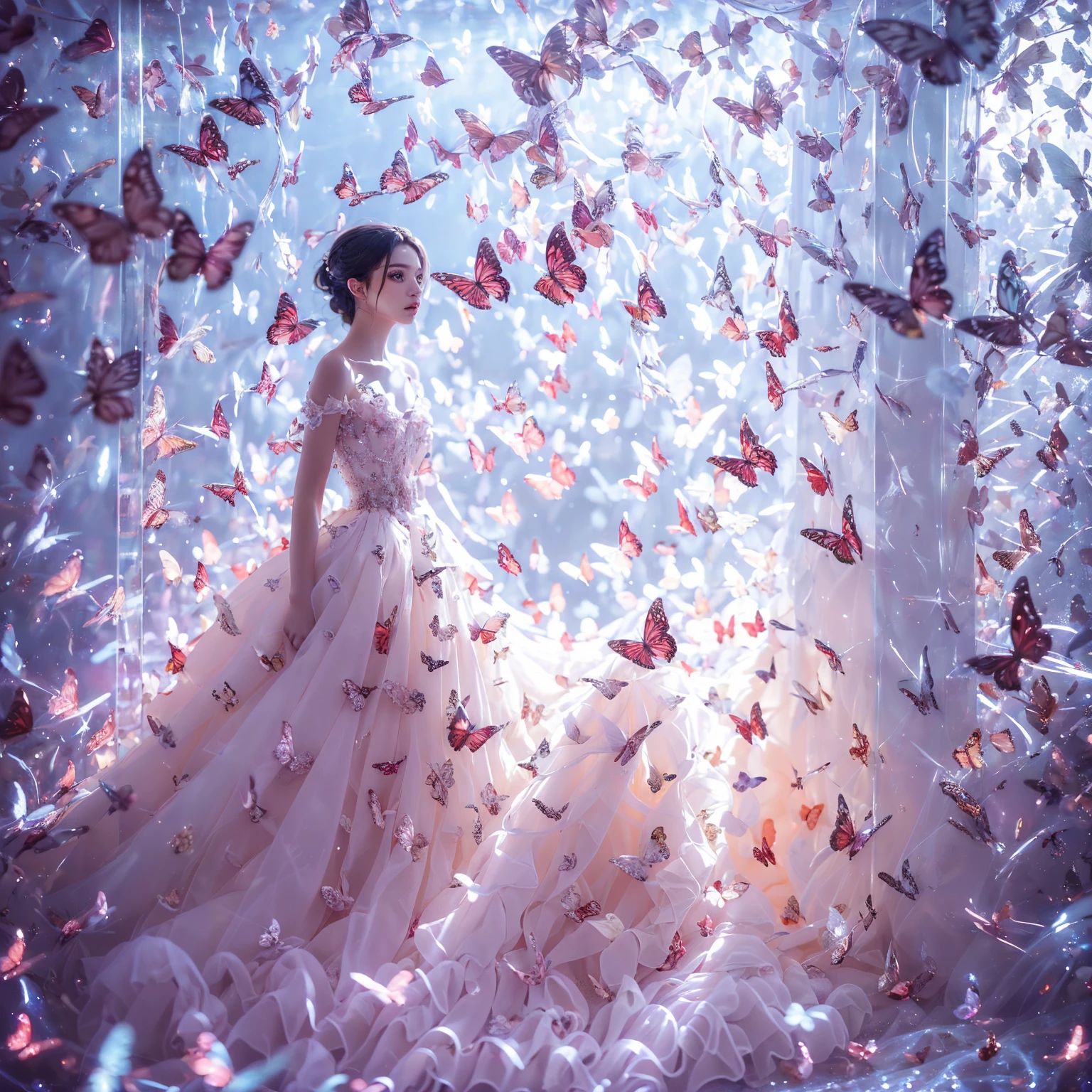 kinghere fensejiaren,One girl,butterfly,alone,dress,Long Hair,white butterfly,View the viewer,Realistic,parted lips,white dress,lips,Bare shoulders,(masterpiece:1,2),Highest quality,masterpiece,High resolution,original,Highly detailed wallpaper,Perfect lighting,(Highly detailed CG:1.2,