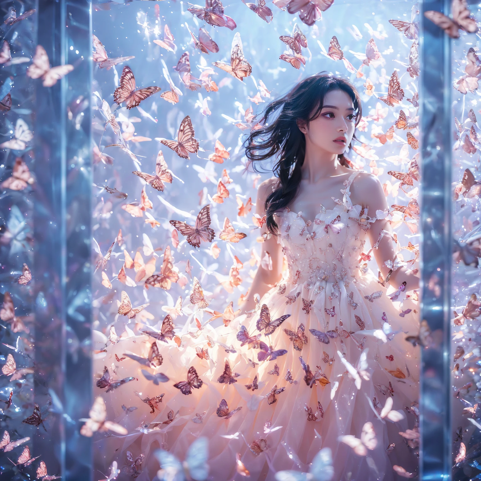 kinghere fensejiaren,One girl,butterfly,alone,dress,Long Hair,white butterfly,View the viewer,Realistic,parted lips,white dress,lips,Bare shoulders,(masterpiece:1,2),Highest quality,masterpiece,High resolution,original,Highly detailed wallpaper,Perfect lighting,(Highly detailed CG:1.2,