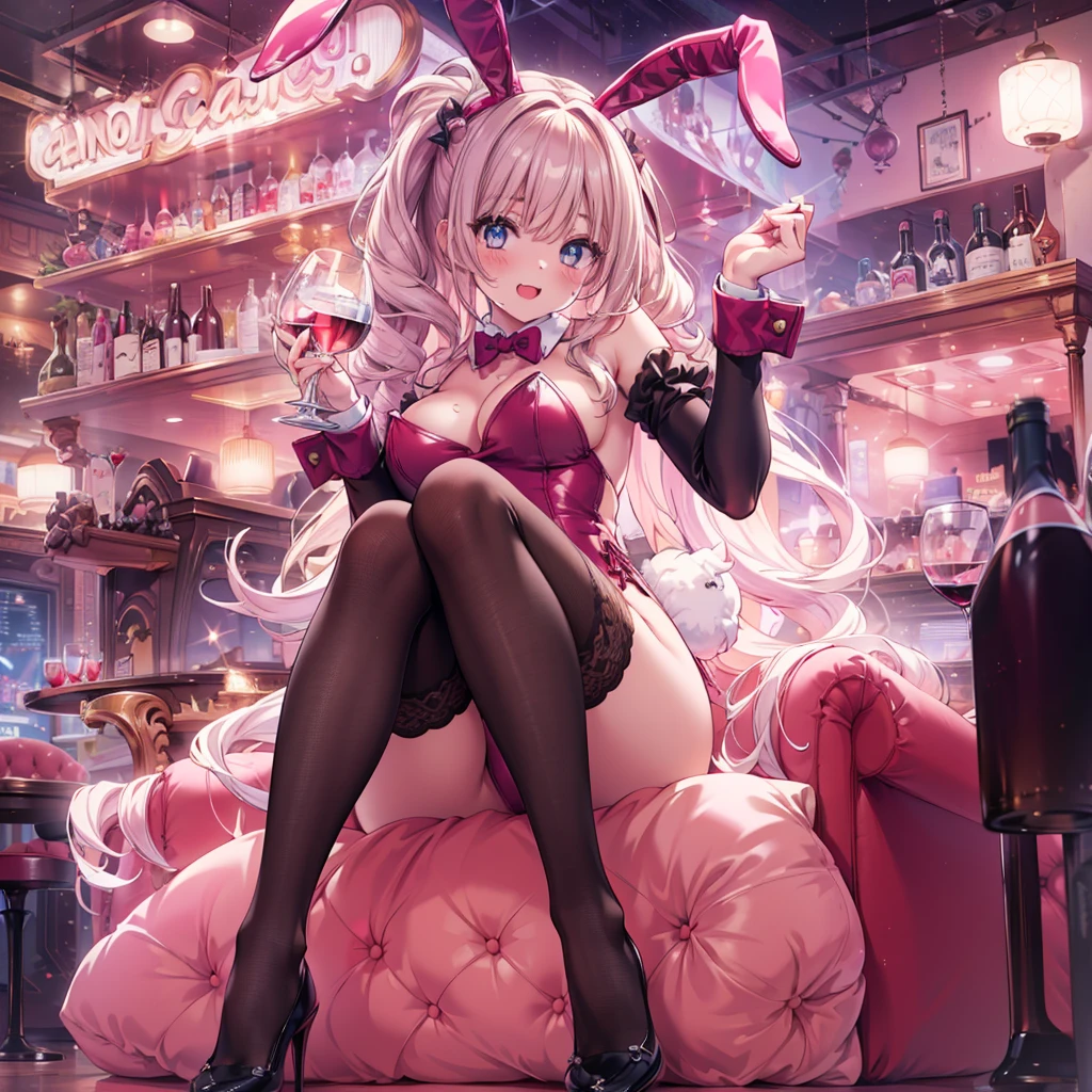 masterpiece, best quality, high resolution, extremely detailed CG, absurdres, highres, expressive eyes, perfect face, 1girl, a cute sexy girl in ((bunny_suit)), kawaii, casino, night club, sexy_posing, fishnet_thighhighs, large_breasts, ((wine)) ,((detailed_background)), happy