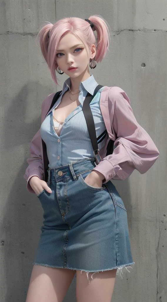 Android 18, pink hair, Blue eyes, eyeslashes, hoop earings, Short hair, pigtails, black sock, Black shirt, breast pocket, cleavage, Denim, Denim skirt, high waisted skirt, jewelry, Long sleeves, Pocket, shirt, shirt tucked in, Skirt, streaked, Striped sleeves, waistcoat,