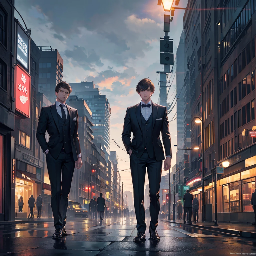 One man with short brown hair wearing a suit, standing with his back turned and facing sideways, in a city at night, (best quality,4k,8k,highres,masterpiece:1.2),ultra-detailed,(realistic,photorealistic,photo-realistic:1.37),hyperrealistic, dramatic lighting, moody atmosphere, cinematic,intricate details,striking cityscape,glowing lights,neon signs,cloudy sky,urban environment,man standing in city street,man in suit,man with short brown hair,man facing sideways,man with back turned,night scene,city at night,dramatic shadows,realistic rendering,professional photography
