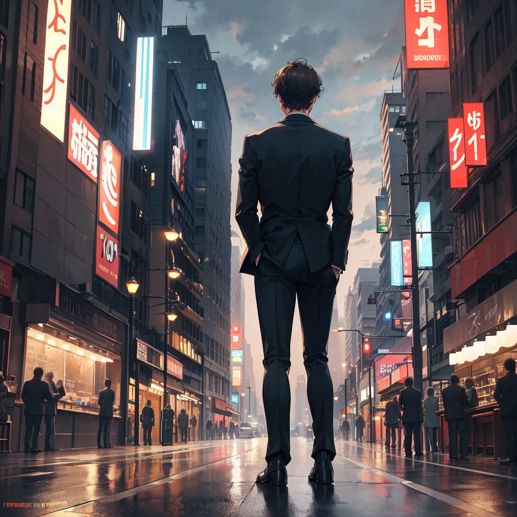 One man with short brown hair wearing a suit, standing with his back turned and facing sideways, in a city at night, (best quality,4k,8k,highres,masterpiece:1.2),ultra-detailed,(realistic,photorealistic,photo-realistic:1.37),hyperrealistic, dramatic lighting, moody atmosphere, cinematic,intricate details,striking cityscape,glowing lights,neon signs,cloudy sky,urban environment,man standing in city street,man in suit,man with short brown hair,man facing sideways,man with back turned,night scene,city at night,dramatic shadows,realistic rendering,professional photography