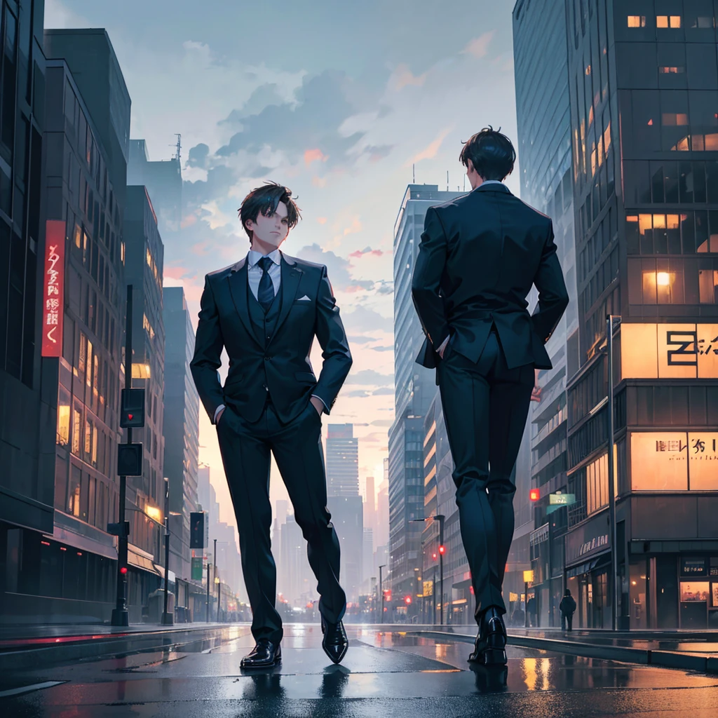 One man with short brown hair wearing a suit, standing with his back turned and facing sideways, in a city at night, (best quality,4k,8k,highres,masterpiece:1.2),ultra-detailed,(realistic,photorealistic,photo-realistic:1.37),hyperrealistic, dramatic lighting, moody atmosphere, cinematic,intricate details,striking cityscape,glowing lights,neon signs,cloudy sky,urban environment,man standing in city street,man in suit,man with short brown hair,man facing sideways,man with back turned,night scene,city at night,dramatic shadows,realistic rendering,professional photography