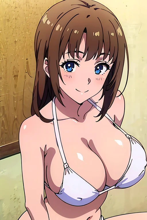 (anime cels style, megami magazine, poster style, best quality, high resolution, sharp image, 8k wallpaper, masterpiece), (beautiful detailed eyes, beautiful detailed face), Mamako, (brown hair, long hair, bangs, ribbon), blush, smile, (huge breasts), white bikini, (upper body, sitting), simple background, (perfect detailed anatomy, perfect detailed body, perfect arms, perfect fingers, shiny skin)