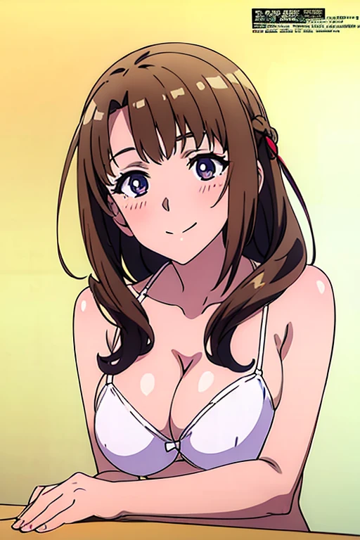 (anime cels style, megami magazine, poster style, best quality, high resolution, sharp image, 8k wallpaper, masterpiece), (beautiful detailed eyes, beautiful detailed face), Mamako, (brown hair, long hair, bangs, ribbon), blush, smile, (huge breasts), white bikini, (upper body, sitting), simple background, (perfect detailed anatomy, perfect detailed body, perfect arms, perfect fingers, shiny skin)