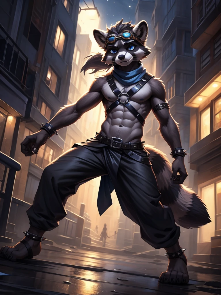 no lighting, deep shadow, dynamic angle, Solo, furry, furry, teenccoon, grey body, long brown spiked_ponytail, Detailed body fur, long blue scarf, leather_harness, blue_loincloth, goggles, masterpiece, gray body, Detailed face, big eyebrows, blue eyes, detailed eyes, No muscles, Detailed hands, Flat body, Skinny, Detailed paws, metal cuffs on wrists, metal cuffs on ankles, black baggy pants, no shirt, street, night, no underwear, laying, bored