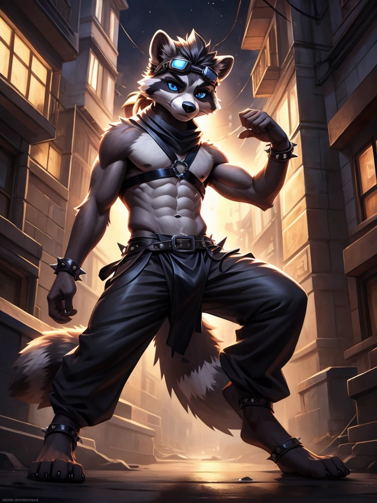 no lighting, deep shadow, dynamic angle, Solo, furry, furry, teenccoon, grey body, long brown spiked_ponytail, Detailed body fur, long blue scarf, leather_harness, blue_loincloth, goggles, masterpiece, gray body, Detailed face, big eyebrows, blue eyes, detailed eyes, No muscles, Detailed hands, Flat body, Skinny, Detailed paws, metal cuffs on wrists, metal cuffs on ankles, black baggy pants, no shirt, street, night, no underwear, laying, bored