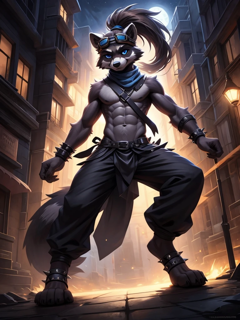 no lighting, deep shadow, dynamic angle, Solo, teen furry, furry, teen, raccoon, grey body, long brown spiked_ponytail, Detailed body fur, long blue scarf, leather_harness, blue_loincloth, goggles, masterpiece, gray body, Detailed face, big eyebrows, blue eyes, detailed eyes, No muscles, Detailed hands, Flat body, Skinny, Detailed paws, metal cuffs on wrists, metal cuffs on ankles, black baggy pants, no shirt, street, night, no underwear, laying, bored