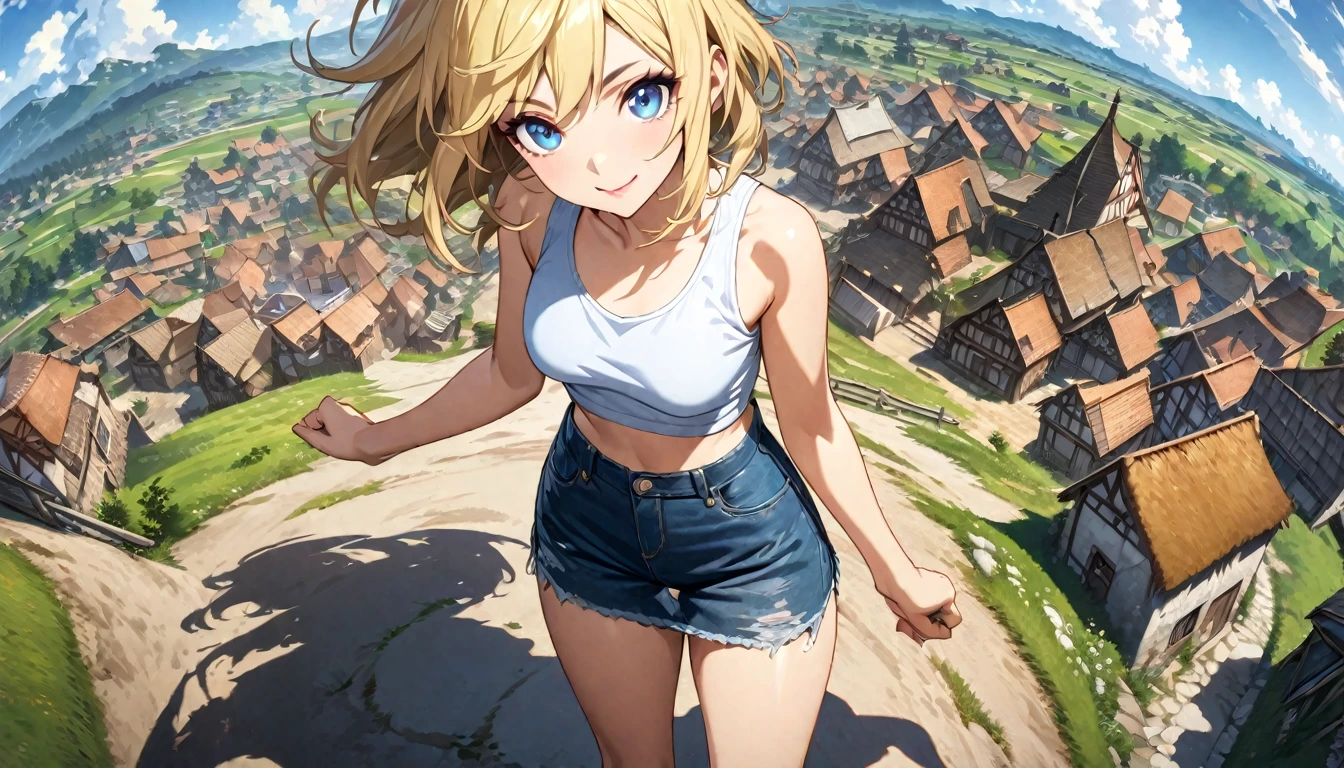 blue eyes, blonde hair, Makeup (Messy), (extremely detailed CG unity 4k wallpaper),(masterpiece),(best quality),(ultra-detailed),(best illustration),(best shadow),(absurdres),(detailed background), village, Short blonde hair (very Messy), Croptop tank top (filthy), denim short skirt (filthy), Cowgirl boots, standing, smile