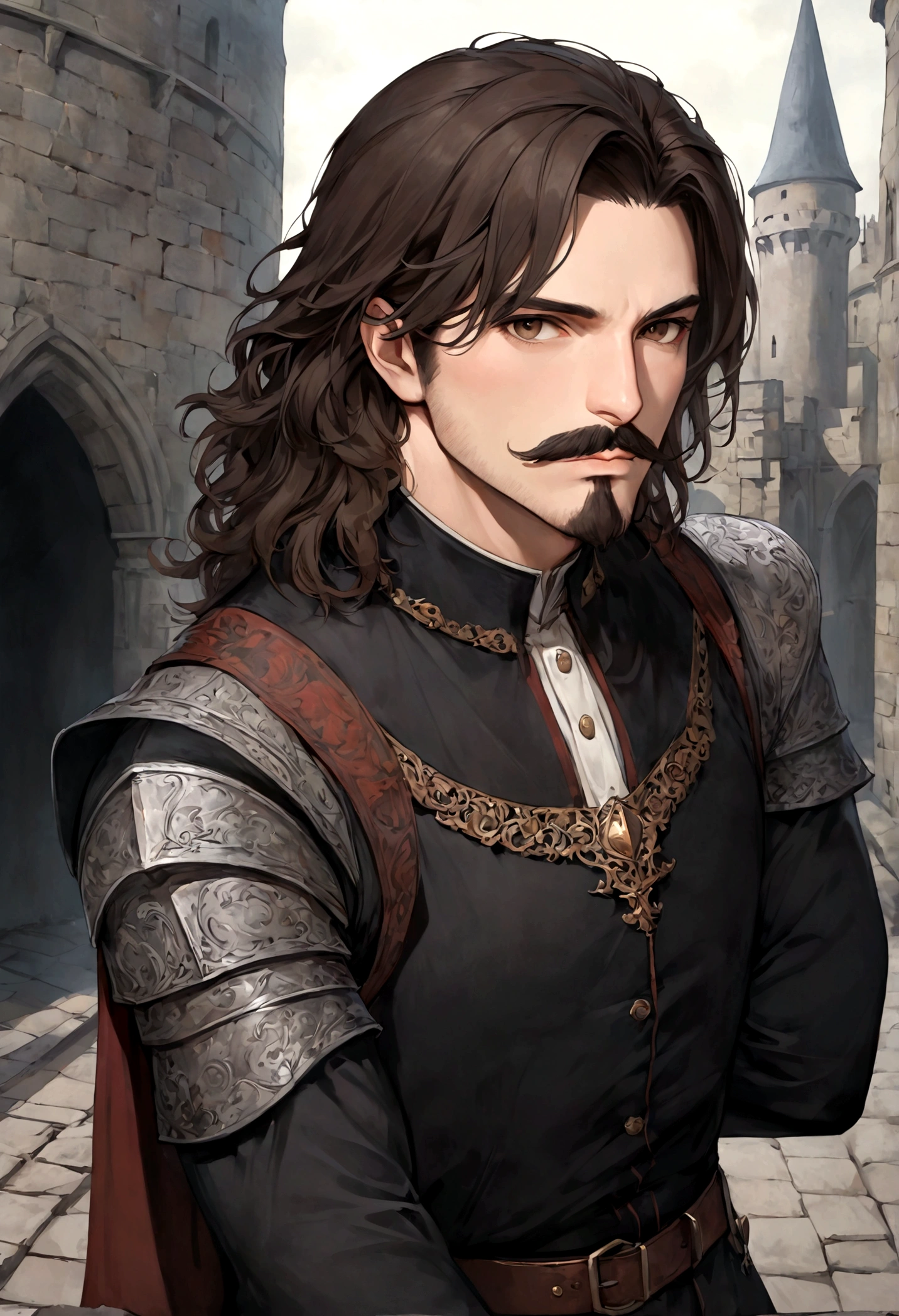 (Una gran armadura medieval para hombre), ), ((bigote estilo Van Dyke y (barba de chivo) "Van Dyke", Van Dyke beard)), (light brown eyes), Aspecto atractivo y serio, ((cabello muy largo oscuro, messy hair)), Elegante y con estilo, armadura, Un hombre maduro similar al actor Jim Morrison con el cabello largo, ((cabello muy largo)), (Imagen realista y de alta calidad), castillo medieval, ((La mejor calidad, 8K, obra maestra).((dynamic pose with forward gaze, viendo al espectador)), (cabello largo pasando los hombros)