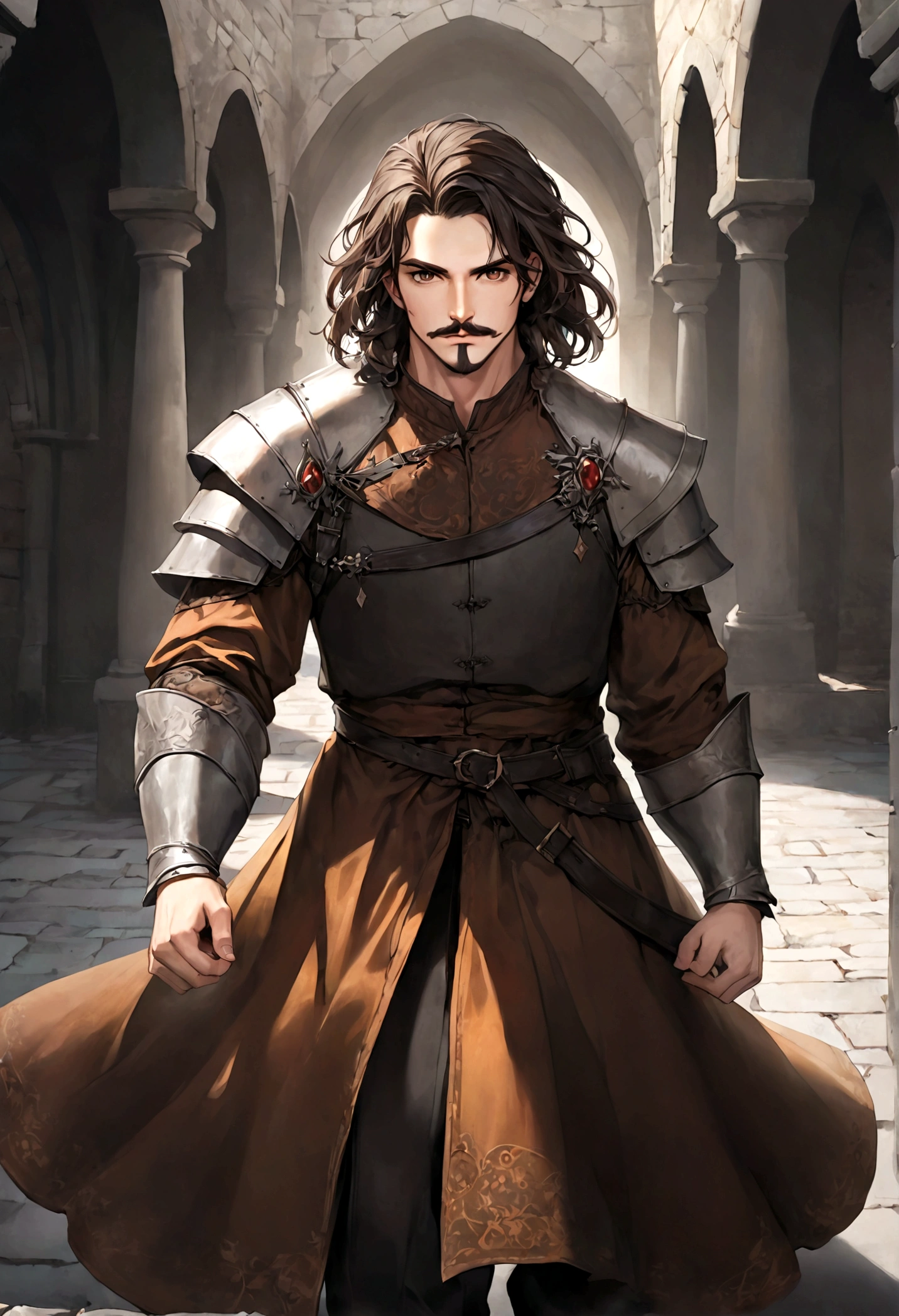 (Una gran armadura medieval para hombre), ), ((bigote estilo Van Dyke y (barba de chivo) "Van Dyke", Van Dyke beard)), (light brown eyes), Aspecto atractivo y serio, ((cabello muy largo oscuro, messy hair)), Elegante y con estilo, armadura, Un hombre maduro similar al actor Jim Morrison con el cabello largo, ((cabello muy largo)), (Imagen realista y de alta calidad), castillo medieval, ((La mejor calidad, 8K, obra maestra).((dynamic pose with forward gaze, viendo al espectador)), (cabello largo pasando los hombros)