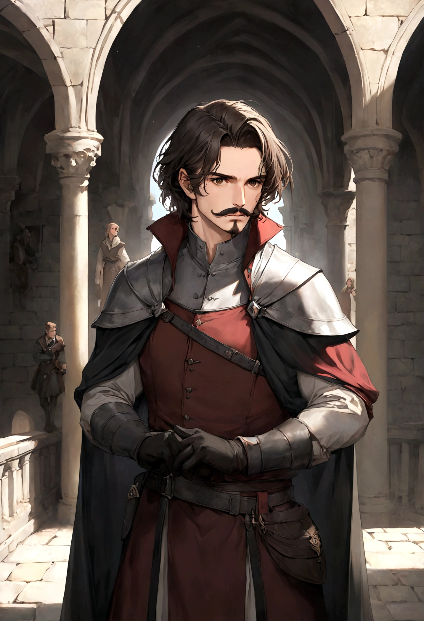 (Una gran armadura medieval para hombre), ), ((bigote estilo Van Dyke y (barba de chivo) "Van Dyke", Van Dyke beard)), (light brown eyes), Aspecto atractivo y serio, ((cabello muy largo oscuro, messy hair)), Elegante y con estilo, armadura, Un hombre maduro similar al actor Jim Morrison con el cabello largo, ((cabello muy largo)), (Imagen realista y de alta calidad), castillo medieval, ((La mejor calidad, 8K, obra maestra).((dynamic pose with forward gaze, viendo al espectador)), (cabello largo pasando los hombros)