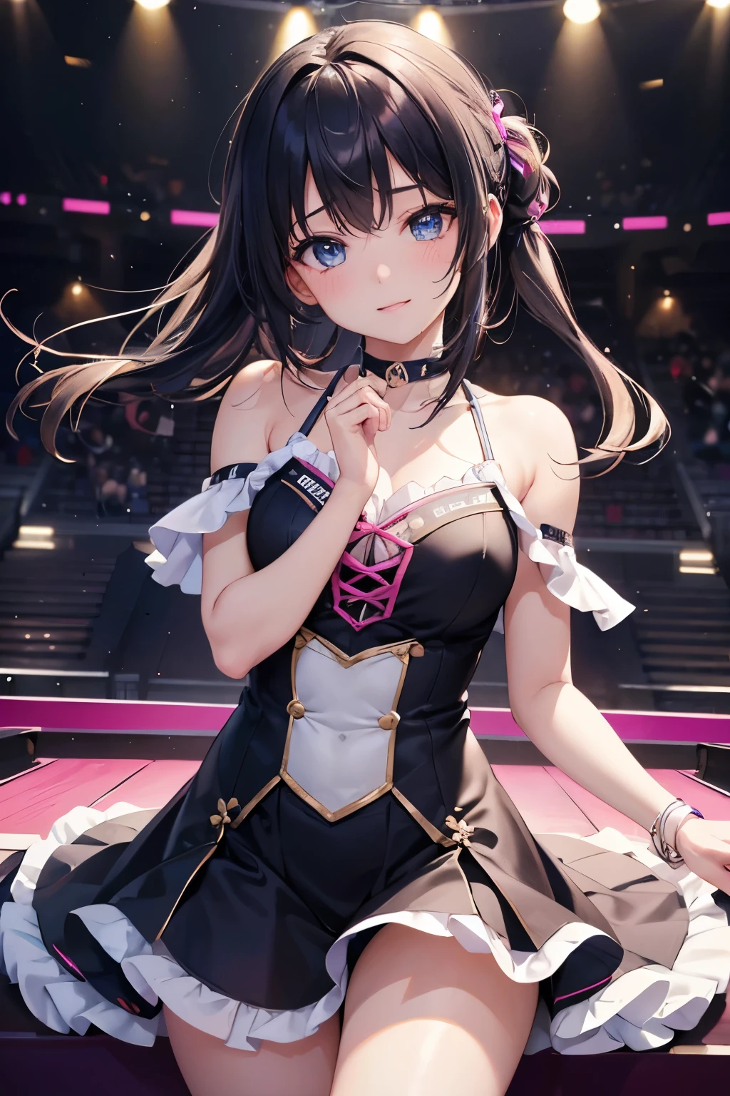 One Girl、My name is Mei、Gazing at the audience。 Beautiful Blue Eyes、Black Hair、Pink striped hair、bangs、Shoulder-length hair、Mole under the eye、Plump and glossy lips、Heart-shaped choker、Idol、smile、ー、。。。。。。。。。。。。。。。。。。。。。。。。。。。。。。。。3D、Real、 dance team uniform, masterpiece、Highest quality、8k、Detailed skin texture、Detailed cloth texture、Beautifully detailed face、Intricate details、Very detailed、 Ultra-high resolution、8K Ultra HD、Film Grain、Best Shadow、delicate、Gazing at the audience、front