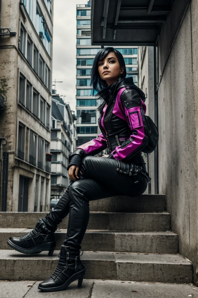 Femme cyberpunk assise sur les marches d'un escaliers d'un immeuble