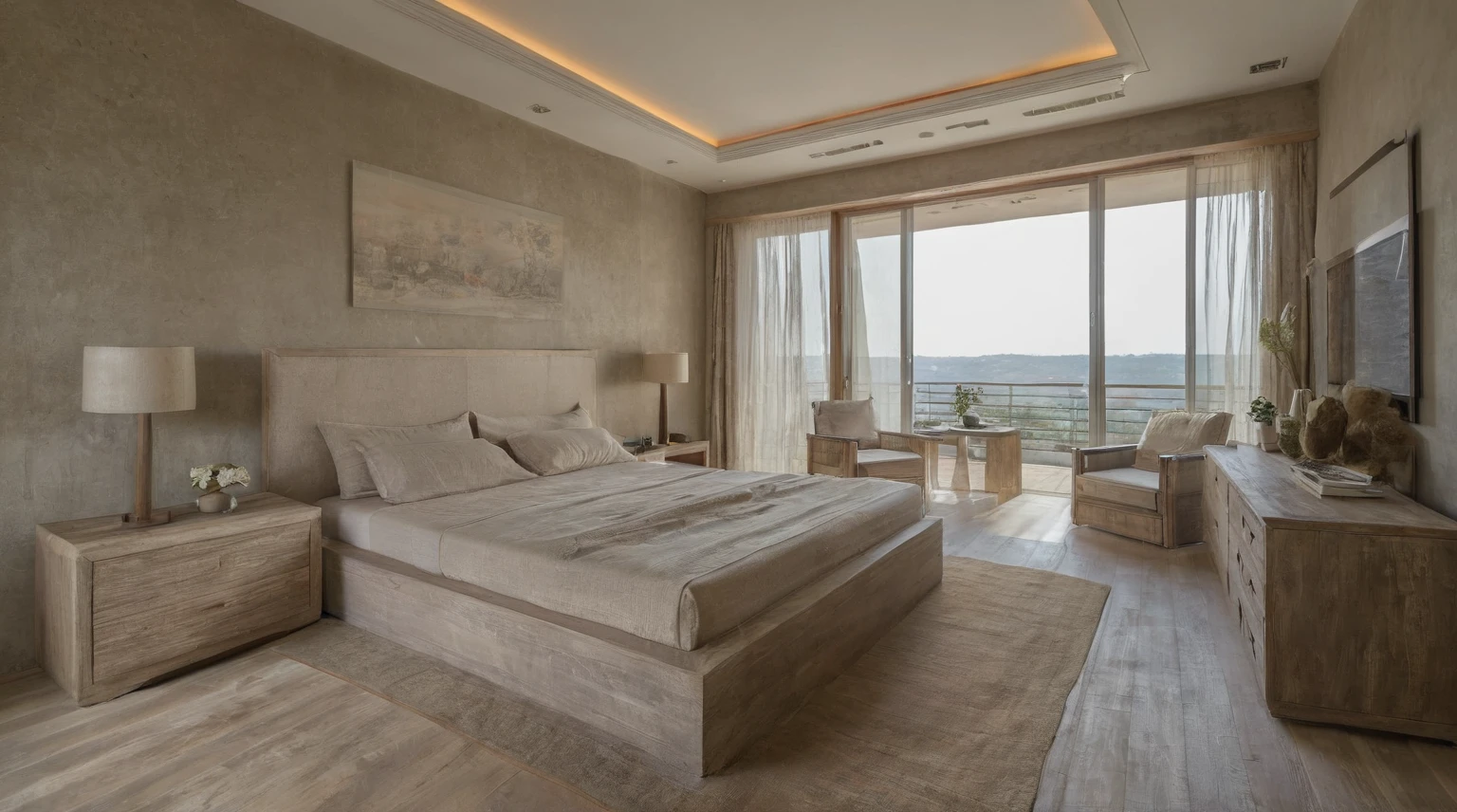 Raw photo,Masterpiece, high quality, best quality, authentic, super detail, soft curves, aiaigroup, wabi sabi, indoors, scenery, bedroom, bed, cabinet, lamp, armchair, windows, curtains, daylight