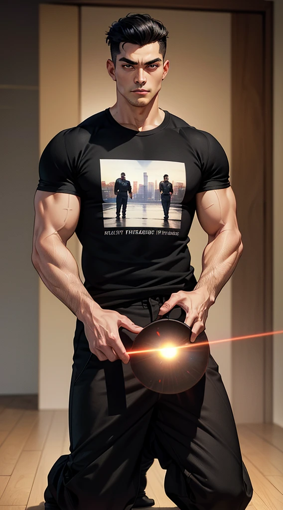 top-quality、Top image quality、masterpiece、male people((25-years old、 well-muscled、Black short-sleeved T-shirt、Long black trousers、A dark-haired、Laser Eye、Shout、macho、Kiai Pose、Kneel))hiquality、Beautiful Art、Background with((Collapse plateau))、masutepiece、Elaborate design、visualart