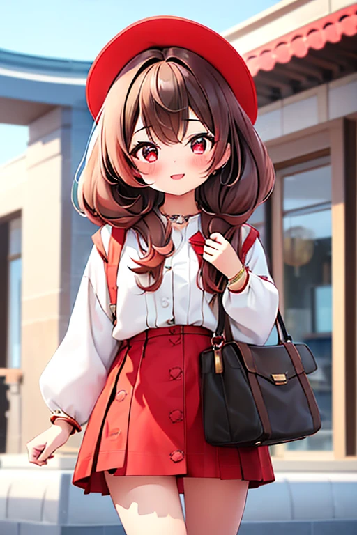 One girl, View Viewer,Red eyeshadow, Brown Hairロングヘアー,Korean beauty style,Feminine fashion female characters,White shirt,Black Mini Skirt,smile, Close your mouth,alone,Natural pose,Brown Hair,bracelet,Similar to VIVIZ's UMJI,Korean Style,Korean,かわいいKorean,Natural Makeup,cute,Earrings,Depth of written boundary