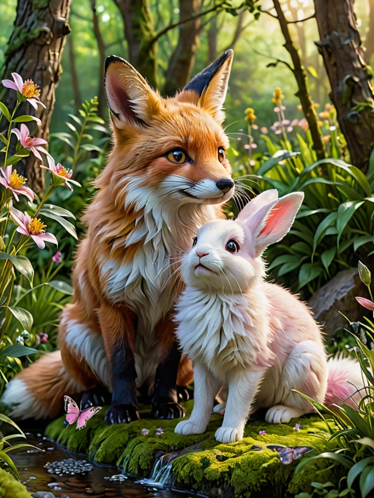A high-resolution image featuring a realistic of big red (1fox) and little white (1rabbit) in a cheerful and happy setting. The rabbit, with soft white fur and pink-tinted ears, stands upright, its eyes bright and expressive. The fox, with a lush red coat and a bushy tail, sits nearby, displaying a playful demeanor. The scene is set in a softly lit forest clearing, with golden sunlight filtering through the trees, creating shimmering highlights and emphasizing the animals’ fur. The background is detailed with vibrant green foliage, scattered wildflowers, and additional elements like fallen leaves, soft grass, and small bushes, adding richness and natural beauty. A small wooden bridge or moss-covered rock could be included to enhance the scene’s charm. The overall mood is one of natural joy and tranquility, with butterflies fluttering around and small birds hopping nearby. The design style is reminiscent of a fairytale, with harmonious and beautiful natural elements. The high-detail depiction of the animals’ fur and the sharp, realistic presentation of the grass, leaves, and wildflowers create a vivid and lifelike atmosphere.