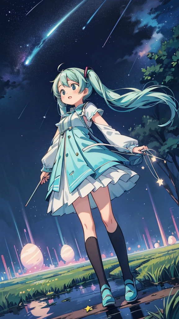 (masterpiece、highest quality、highest quality、official art、Beautiful:1.2)、(1 girl:1.3)Hatsune Miku、twin tails,big breasts,Anime girl wearing white glass , Stand on the Ground,night view ,There are many stars in the night sky,milky way ,anime style, 32k uh, beautiful, Color Manga - AR 3:4 --