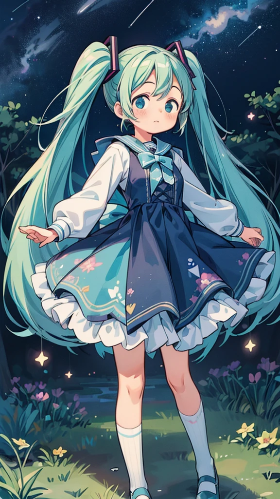 (masterpiece、highest quality、highest quality、official art、Beautiful:1.2)、(1 girl:1.3)Hatsune Miku、twin tails,big breasts,Anime girl wearing white glass , Stand on the Ground,night view ,There are many stars in the night sky,milky way ,anime style, 32k uh, beautiful, Color Manga - AR 3:4 --