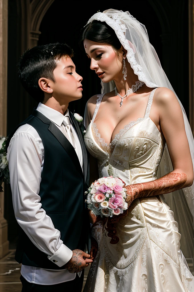 ((Mother and son getting married picture:1.5)), Ultra detailed photo of a ultra sexual incredibly gorgeous Ukrainian 32 year old sexy angelic supermodel mother nun bride dressed as nun in a gothic cathedral, ultra sexy bridal micro miniskirt:1.5, mystical lights, backlit, ((very detailed faces)), focus on face, (cleavage:1.5), ink lines, dynamic, modern, awe inspiring, whimsical, complex, dreamlike, magical, visually stunning, high contrast, soft colors