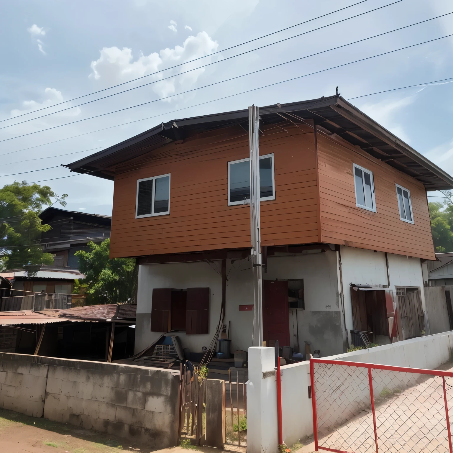 There was a brown house with a red fence and a red door., มุมมองfront, front, wooden house, Shot with sony alpha 9, มุมมองfront, Wide angle full shot, มุมมองfront, Image Center, complete house, Old House, outside view, Shot with Sigma 2 0 mm f 1.. 4, Patiphan Sotiwilaiphong, Full equipment