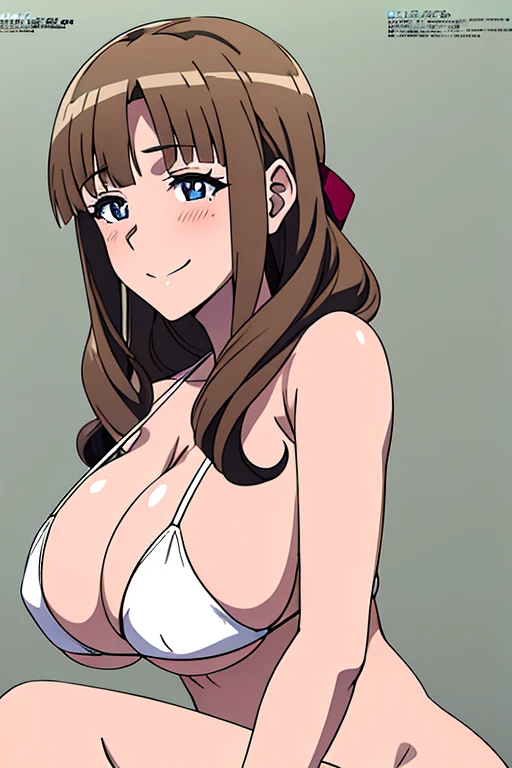 (anime cels style, megami magazine, poster style, best quality, high resolution, sharp image, 8k wallpaper, masterpiece), (beautiful detailed eyes, beautiful detailed face), Mamako, (brown hair, long hair, bangs, ribbon), blush, smile, (huge breasts), white bikini, (upper body, sitting), simple background, (perfect detailed anatomy, perfect detailed body, perfect arms, perfect fingers, shiny skin)