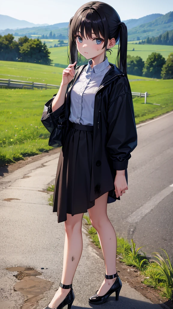 young emo teen, high heels, countryside, dirt road, black hair in pigtails, dirty