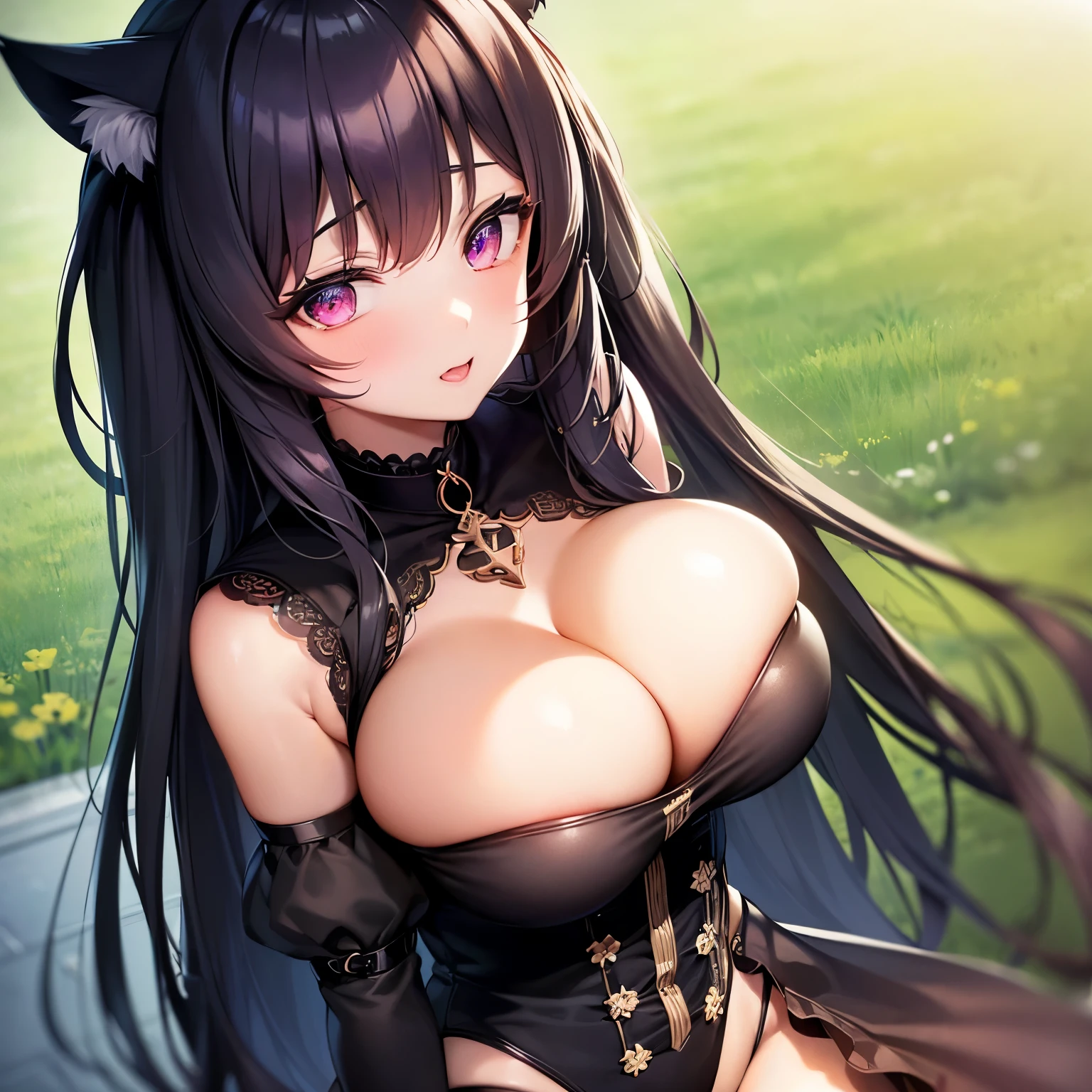 best quality, 4k, high detail; beautiful, sexy, young goth girl; ((huge breasts, cleavage, nipples partially exposed)); black hair, cat ears; black, frilly lingerie; wide hips, tanned, wet skin; blushing while looking at viewer, heavy breathing