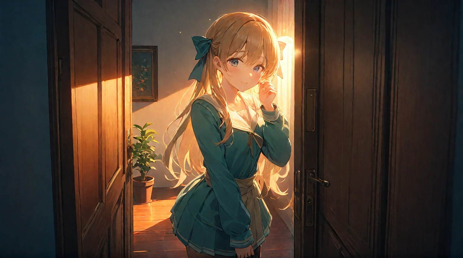 (best quality, 4k, 8K, high resolution, masterpiece: 1.2), Very detailed, (nobody: 1.5), Outside the door,Open door, indoor,cozy indoor, lamp, bookshelf, Potted plants,Sunlight