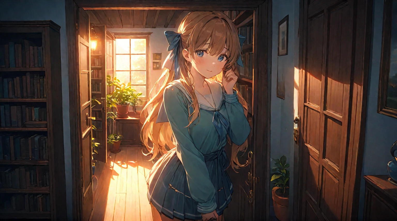 (best quality, 4k, 8K, high resolution, masterpiece: 1.2), Very detailed, (nobody: 1.5), Outside the door,Open door, indoor,cozy indoor, lamp, bookshelf, Potted plants,Sunlight